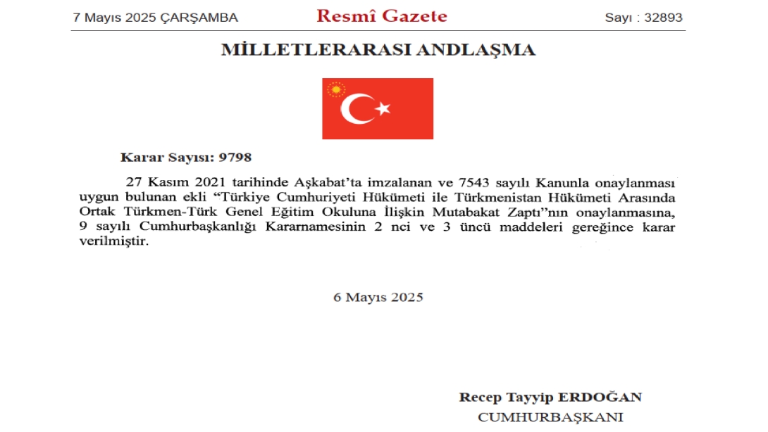 Ortak Türkmen-Türk Okulu Mutabakat Zaptı Resmi Gazete 'de Yayımlandı